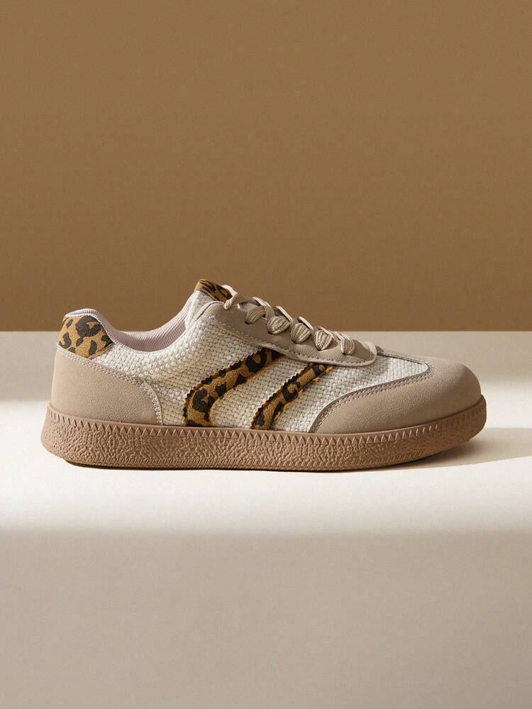 CUCCOO EASI Women Shoes Lace-Up Splicing Design Round Toe Flat Bottom Casual Sneakers Casual Simple PU Leather Breathable Fabric Khaki Casual Sneakers Daily Outdoor Sports Leisure