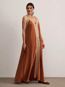 Freevana Đầm hai dây màu đỏ rượu vang phong cách Bohemian, đầm rộng rãi, bồng bềnh, cổ chữ V, phối ren móc, có dây rút, thích hợp cho kỳ nghỉ hè. - Gỗ đỏ - Xem 4