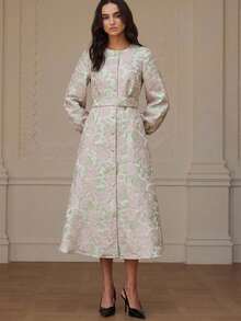BELROSIE Textured Burn-Out Raised Embossed Decor Round Neck Belted Dress With Button Trim - Baby Pink - View 5