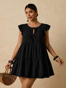 Travachic Plus Size Women Solid Color Front Tie Cap Sleeve Cute Dress - Black - View 3