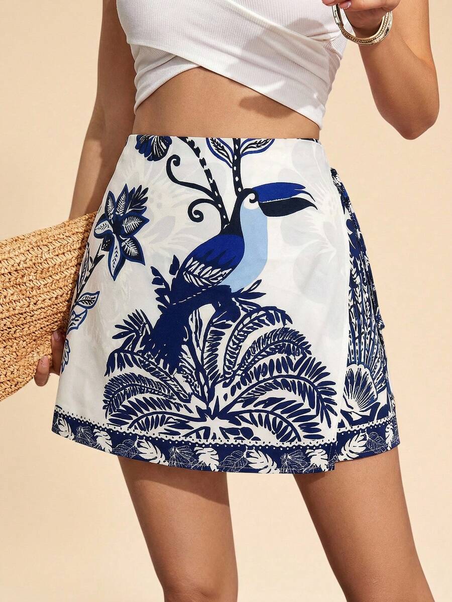Travachic Plus Size Women Palm Tree Print Casual Culottes - Blue and White - View 1
