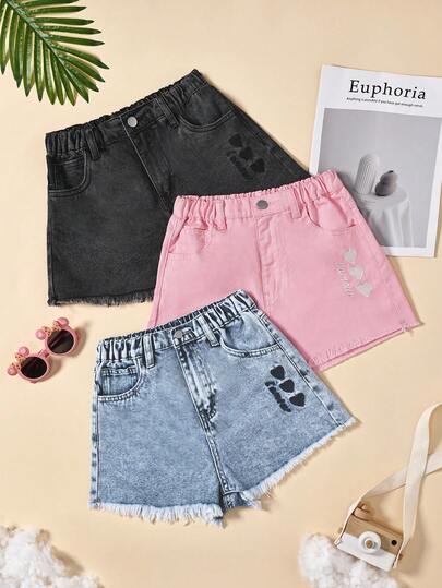 Quần short denim thêu nhiều màu sắc dễ thương thời trang Y2K dành cho bé gái (cỡ lớn), thích hợp mặc hàng ngày.