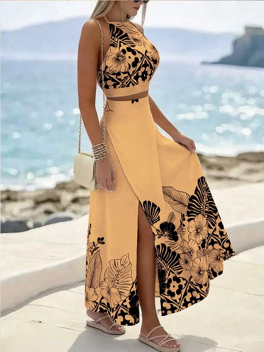 Breezaya Conjunto de 2 piezas con falda de corte con abertura y dobladillo vintage elegante sin mangas - Amarillo Mostaza - Ver 1