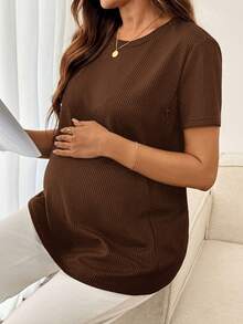 Slowluna Atasan Menyusui Lengan Pendek Polos Kasual untuk Ibu Hamil, Musim Panas - Coffee Brown - View 3