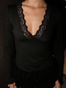 Bris Aura Women's Slim Fit V-Neck Contrast Lace Solid  Long Sleeve Casual Top Tee - Black - View 4