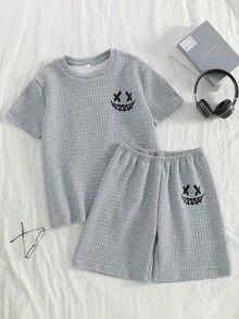2pcs/Set Grey Round Neck Short Sleeve & Shorts Comfortable Loungewear For Teenage Boys - Grey - View 1