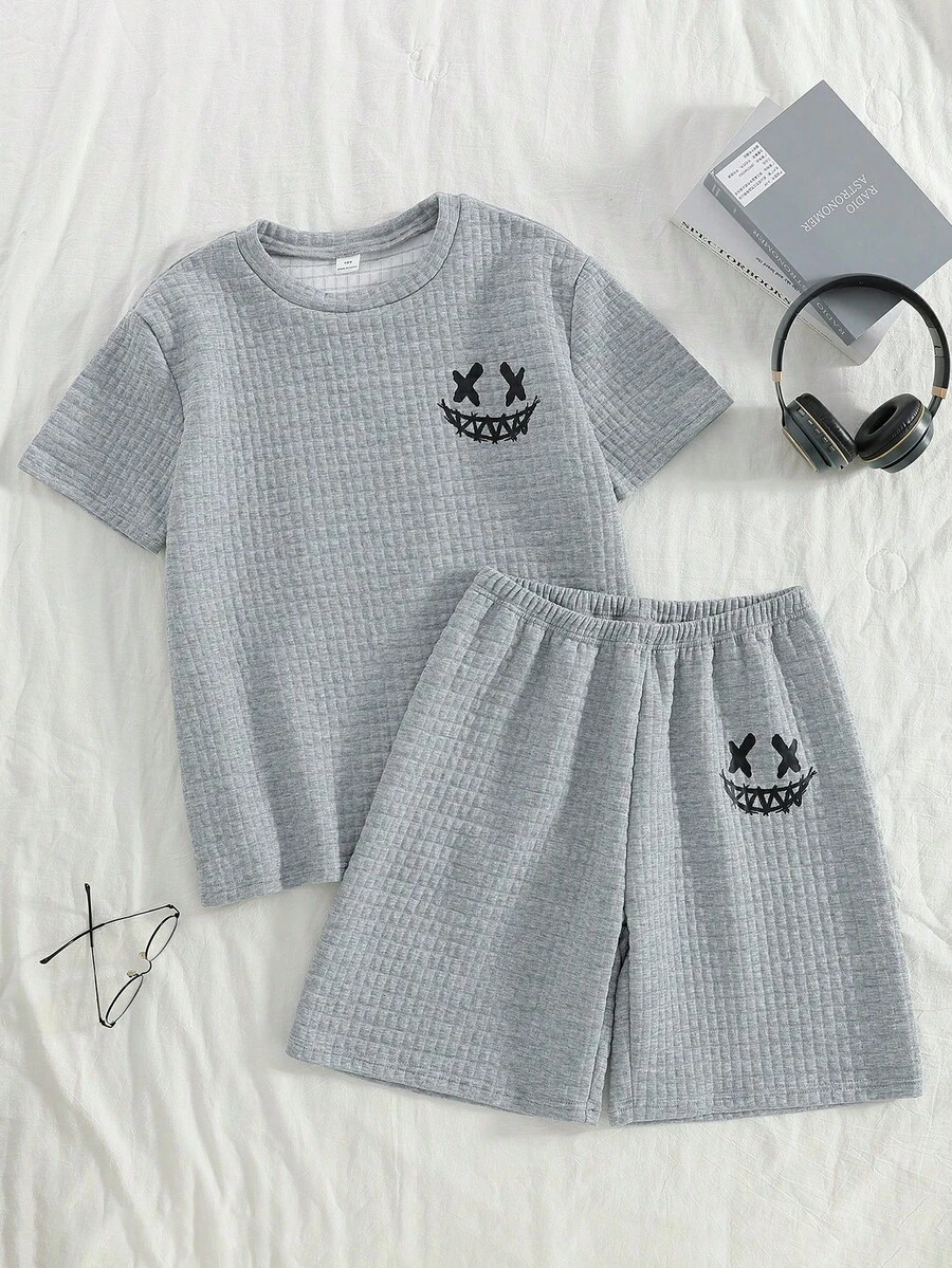 2pcs/Set Grey Round Neck Short Sleeve & Shorts Comfortable Loungewear For Teenage Boys - Grey - View 1