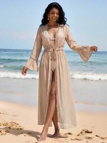 Swim Chiccia Women's Summer Beach Bohemian Lace Patchwork Open Front Waist Tie Ruffle Hem Long Sleeve Elegant Vacation Kimono Cover Up - Khaki - View 5