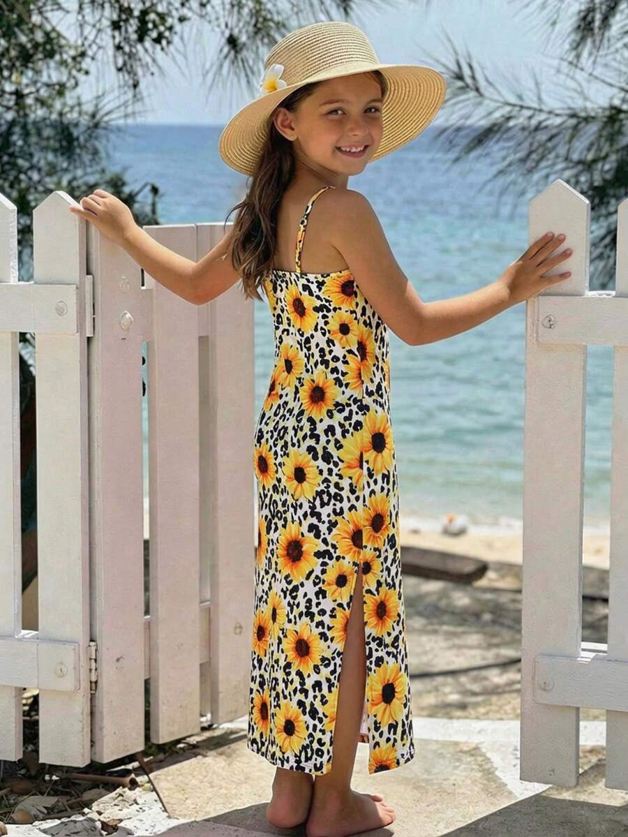 女童豹纹向日葵图案休闲吊带裙 - 彩色 - 查看 1