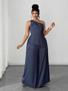 Maweii Setelan 2 Potong Efek Denim Asimetris Bahu Seksi Ukuran Plus - Navy Blue - View 4