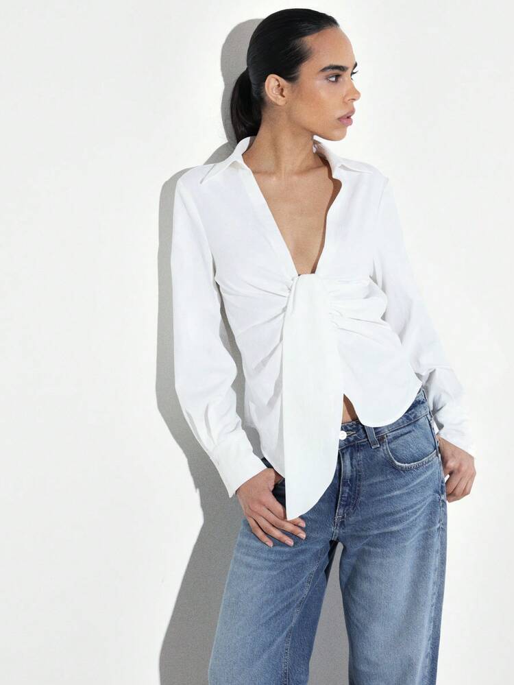 KSTM Women's White Long Sleeve Draped Button Front Collared Blouse Professional Office Wear Classic Shirt