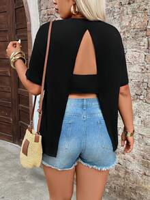 Breezaya Plus Size Women's Solid Color Round Neck Casual Versatile Daily Short Sleeve T-Shirt, Spring/Summer - Black - View 1