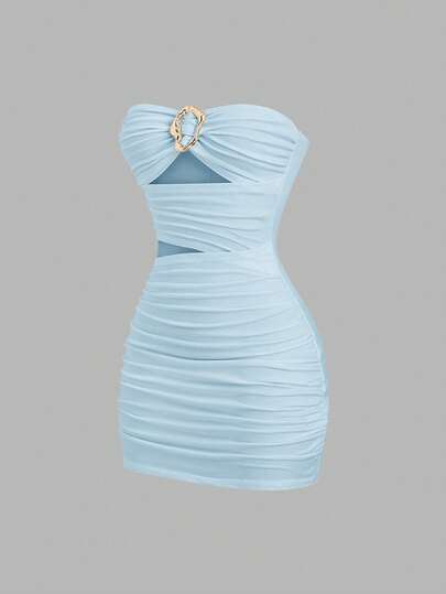 Sweetra Vestido mini ajustado y sexy sin tirantes con hebilla de metal para mujer