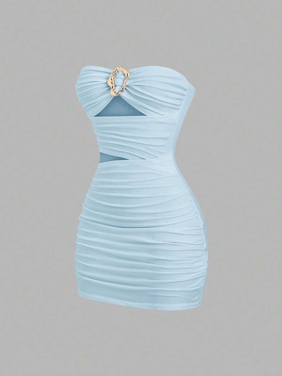 Sweetra Vestido mini ajustado y sexy sin tirantes con hebilla de metal para mujer - Azul - Ver 1