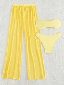 Swim SXY Bộ 3 món màu vàng mới, áo quây, quần tam giác và quần lưới đi biển, đồ bơi gợi cảm, thoải mái, dự tiệc ngày lễ, bộ bikini dành cho nữ. - Màu vàng - Xem 5