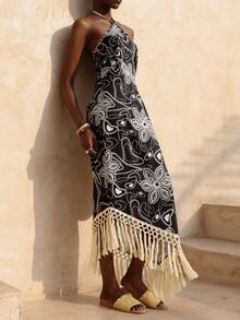 Vesra Vestido de mujer con estampado floral de vacaciones, cuello halter, cintura asimétrica con flecos y empalmes de colores contrastantes - Blanco y Negro - Ver 2