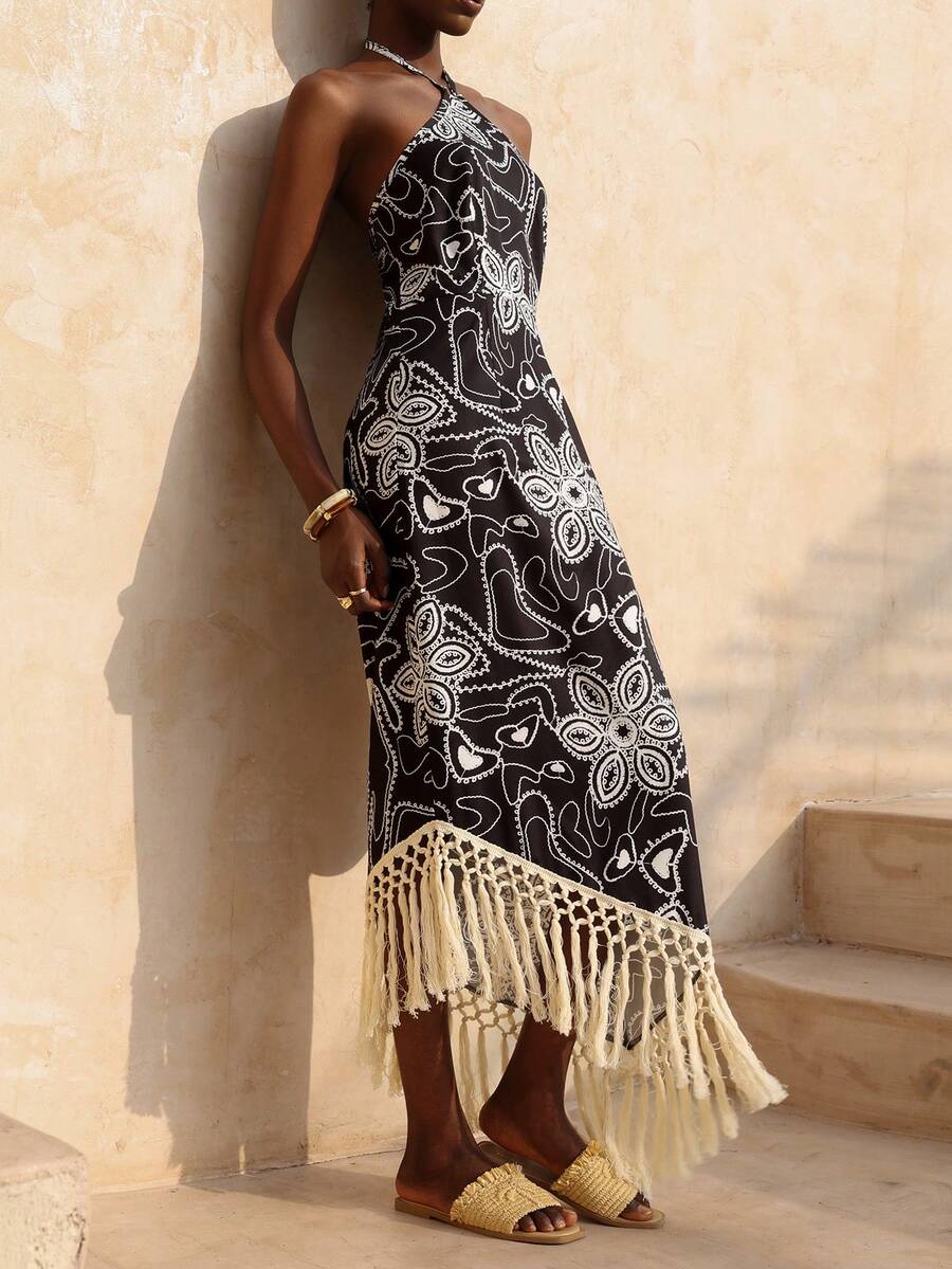Vesra Vestido de mujer con estampado floral de vacaciones, cuello halter, cintura asimétrica con flecos y empalmes de colores contrastantes