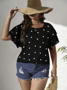 EMERY ROSE Plus Size Black Casual Heart Print Scoop Neck Top With Layered Short Sleeves - Black - View 4