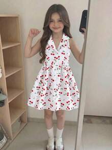 Emery Rose Kids 少女樱桃印花休闲梭织衬衫裙 - 白色 - 查看 1