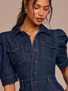 COSMINA Denim 女款時尚海軍藍牛仔連身褲，優雅短袖收腰吊帶褲，日常夏季西式通勤辦公與外出穿搭 - 深色水洗藍 - 查看 5