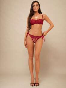 Silquee 女士纯色蕾丝拼布打结透明性感文胸和内裤内衣套装，2 件 - 酒紅色 - 查看 4