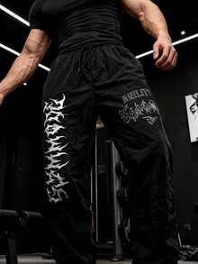 GymBeat 男士哥特字母图案口袋休闲运动裤 - 黑色 - 查看 1