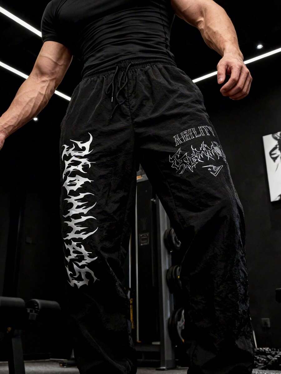 GymBeat 男士哥特字母图案口袋休闲运动裤 - 黑色 - 查看 1