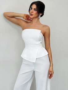 Firerie Bộ jumpsuit trắng ôm sát, thanh lịch, lãng mạn, bất đối xứng, kiểu dáng tối giản mới, thích hợp cho đám cưới, ngày Valentine, đi làm hàng ngày, xếp ly 3D, không tay, ôm dáng, dành cho nữ. - Màu be - Xem 10