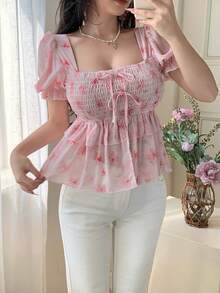 Celisse Floral Print Square Collar Petal Sleeve Bow Tie Waist Ruffle Hem Women Blouse - Multicolor - View 5