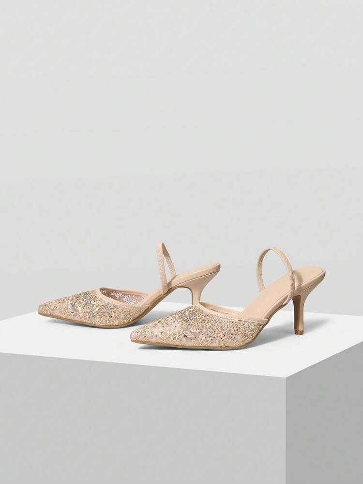 NEW APRICOT POINTED THIN HEEL DIAMOND MESH LACE FASHIONABLE AND ELEGANT WOMEN'S HIGH-HEELED SHOES