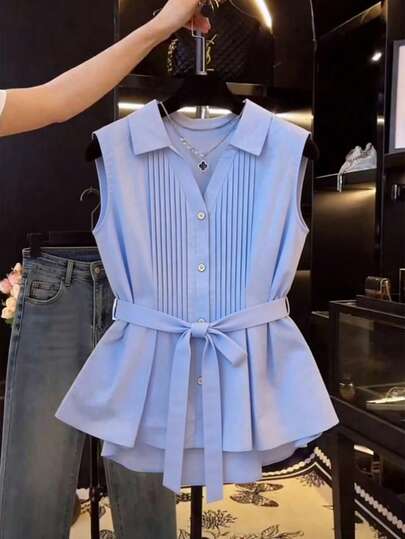 Franclia V-Neck Pleated Sleeveless Belted Women Shirt