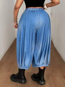 Maweii Quần ống rộng lửng cạp chun nữ, kiểu dáng đường phố, chất liệu denim dáng rộng, đa năng, phù hợp mặc hàng ngày, cỡ lớn, mùa xuân/hè/thu, quần nữ giả denim màu xanh dương, quần ống phồng, quần nữ giả denim, quần hè cho nữ - Màu xanh lam - Xem 3