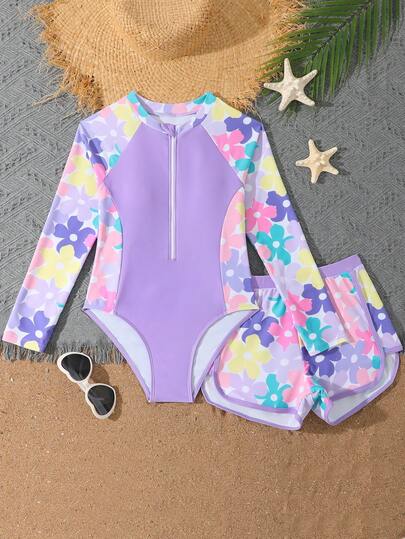 SHEIN Bộ đồ bơi in họa tiết phối màu thời trang mới dành cho bé gái