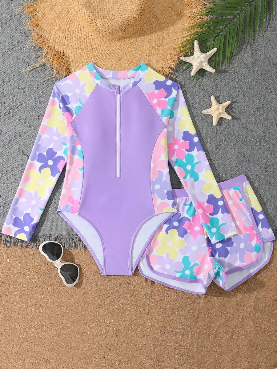 SHEIN Bộ đồ bơi in họa tiết phối màu thời trang mới dành cho bé gái