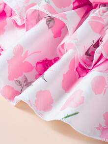 Souflis Souflis 3pcs Baby Girl Sweet Cute Cap Sleeve Romper, Floral Print Bowknot Dress & Headband Set, Summer - Hot Pink - View 7