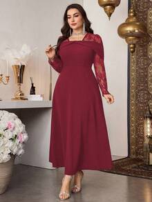 Modelyn Đầm dài tay dáng chữ A ôm eo, màu trơn thanh lịch, phối ren tương phản, cỡ lớn, thích hợp cho mùa xuân và mùa thu. - Màu Đỏ Sâu - Xem 7