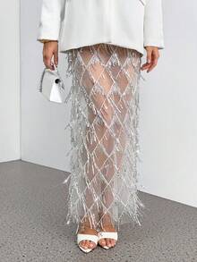 SHEIN Tall Embellished Pencil Maxi Skirt Wedding Reception Beaded Crystal Net Overlay Rhinestone Lattice Formal Occasion Evening Winter Holiday Party Skirt - White - View 3