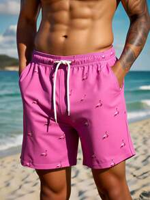 Manfinity Swimmode Quần short đi biển thời trang thường ngày in họa tiết chim hồng hạc cho nam, có dây rút ở eo - Hồng - Xem 4