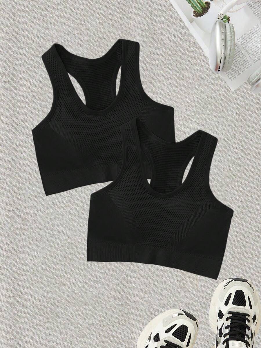 SHEIN With My Calm Bộ 2 món áo lót nữ màu trơn dáng lửng, đa năng, thích hợp mặc hàng ngày và chơi thể thao. - màu đen - Xem 1