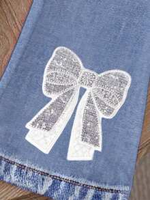 Spring And Summer Girls Casual Fashion Creative Personality Refreshing Minimalist Rhinestone Bow Denim-Look Print Casual T-Shirt And Flared Pants Set, Comfortable Daily Wear - Multicolor - View 5