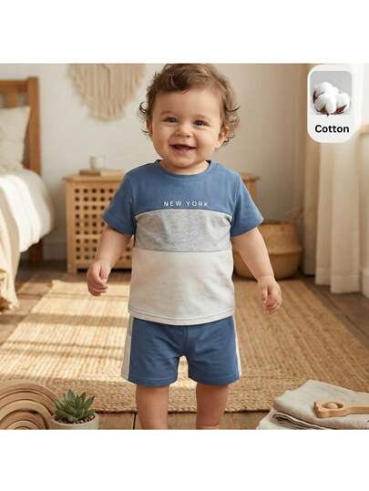 Loomiva Baby Boys Casual Minimalist Round Neck Short Sleeve Shorts Set, Classic Cool Colorblock Patchwork Graphic Print, Iconic City Name New York Text Print
