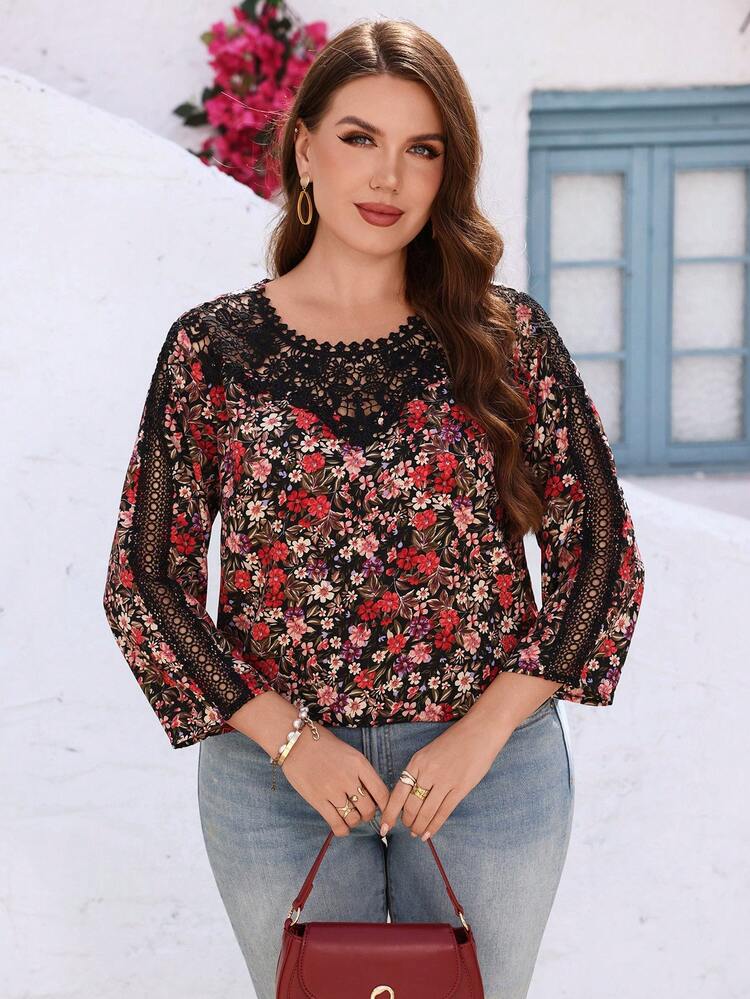 Plus Size Women Floral Print Round Neck Casual Everyday Long Sleeve Shirt Floral Tops For Women Women's Tops And Blouses Women Plus Size Tops Blouse For Women Casual Latest Tops For Women Summer Outfits For Women Beach Outfit For Women Casual Vacation Outfits Women Country Concert Outfit Peplum