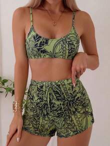 Swim Lushoire 3件套女士泳衣套装，深绿色椰子树印花，植物图案印花，成熟风格泳衣套装，含网纱印花短裤和吊带背心式上衣，女士夏季两件套服装，女士夏季两件套服装，女士度假套装 - 軍綠色 - 查看 1