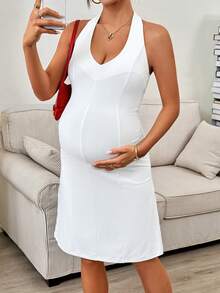 SHEIN Maternity Solid Color Pleated Halter Tie Dress, Suitable For Summer Daily Wear - White - View 5