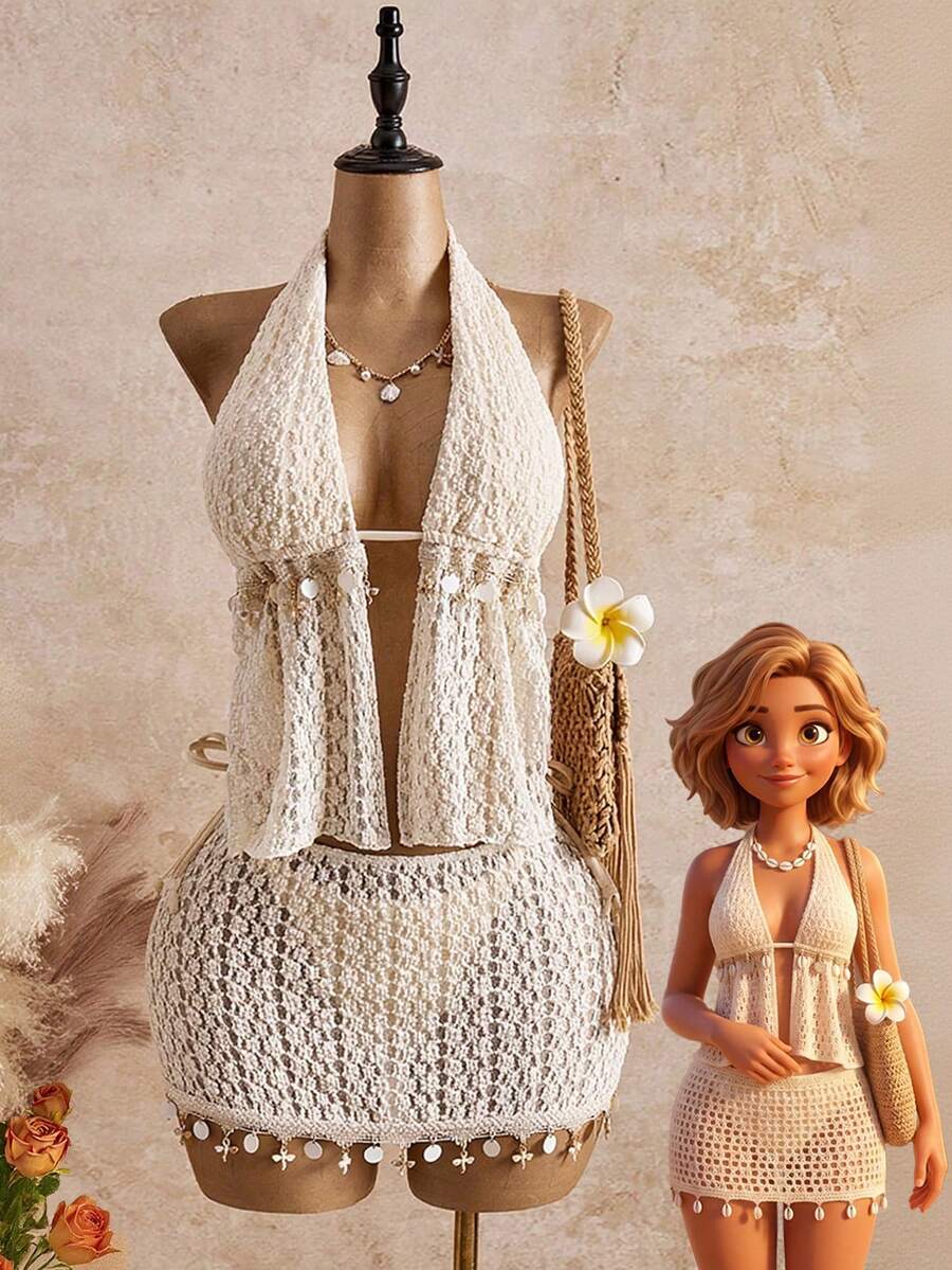 Bellisia 时尚女士泳装套装，性感比基尼搭配高腰系带泳裤，配纱笼裙，适合海滩、度假，饰有海星和贝壳图案，网红风夏季女装，度假套装，沙滩派对装，泳衣，罩衫，新娘送礼会礼服 - 杏色 - 查看 1