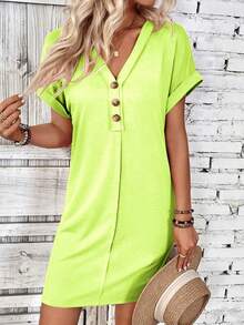 EMERY ROSE Women's Fluorescent Green Button Design Short Sleeve Casual Mini Dress - Green - View 4