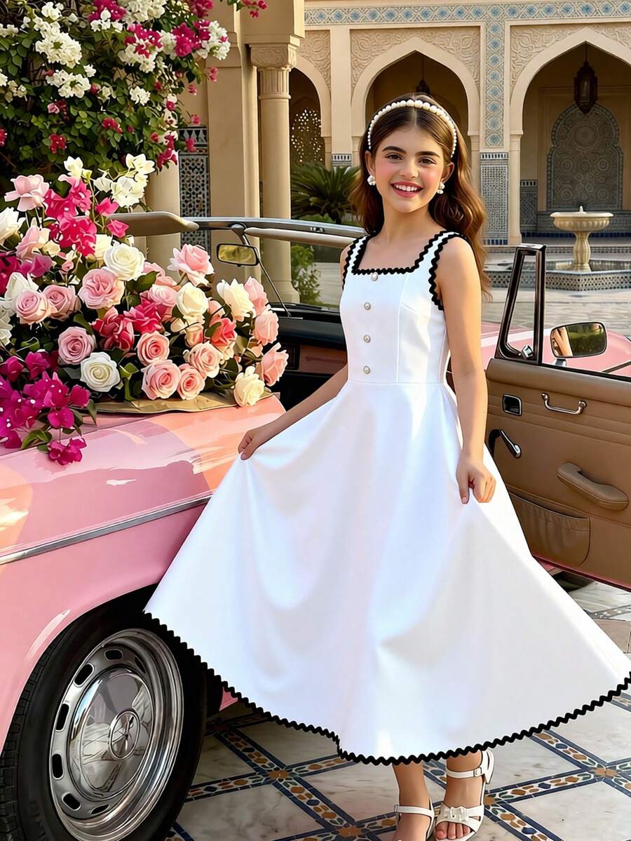 SHEIN Vestido de Cor Sólida Branca com Cinto Preto na Cintura, Vestido Longo Elegante, Adequado para Uso Diário, Festas de Aniversário e Diversos Eventos, Primavera/Verão - Branco - Visão 1