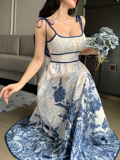 DAZY 女士夏季撞色吊带连衣裙，花卉印花面料，收腰设计，优雅度假风