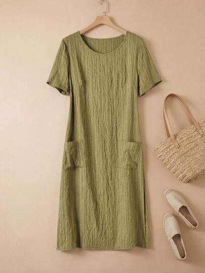 Rusticease 女士纯色圆领口袋夏季休闲短袖连衣裙