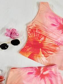 Franclia 女士新款橙色印花两件套，不对称上衣搭配迷你裙，大朵花卉图案，甜美性感，海滩度假风 - 彩色 - 查看 4